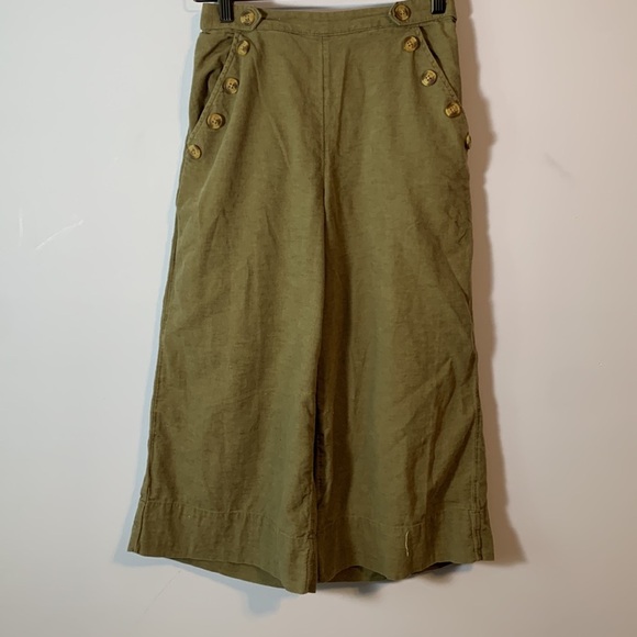 American eagle Olive Green Sailor button Wide leg cropped cotton linen pants  S - Picture 2 of 8